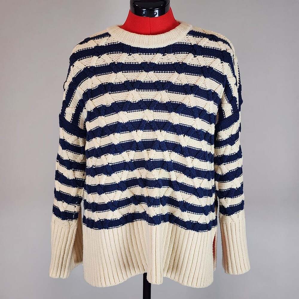 Madewell CableKnit Oversized Sweater Cream Blue Stripe Preppy Coastal Grandma